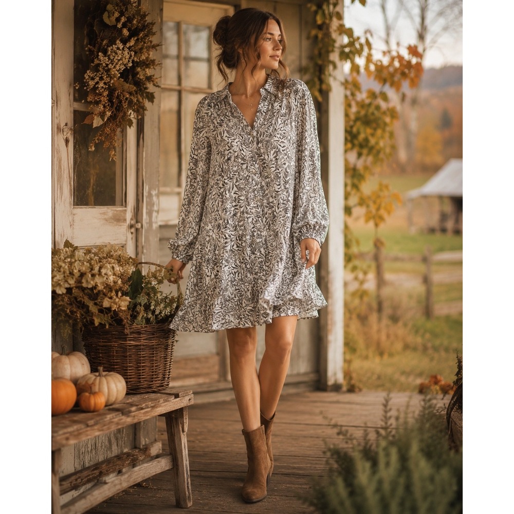 HM Women Grey White Floral Leaf Tiered Flounce Mini Shirt Dress Long Sleeve XS
